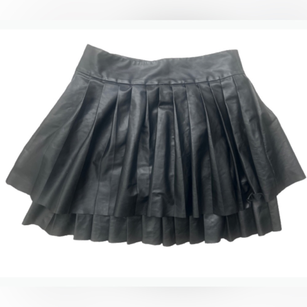 Anthropologie Maeve Whimsy Goth Black Faux Leather Pleated Mini Skirt - Picture 4 of 12